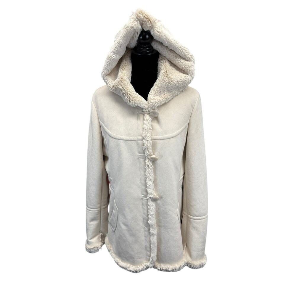 Jones New York Faux Shearling Coat Hooded Ivory Faux Suede Jacket Size L